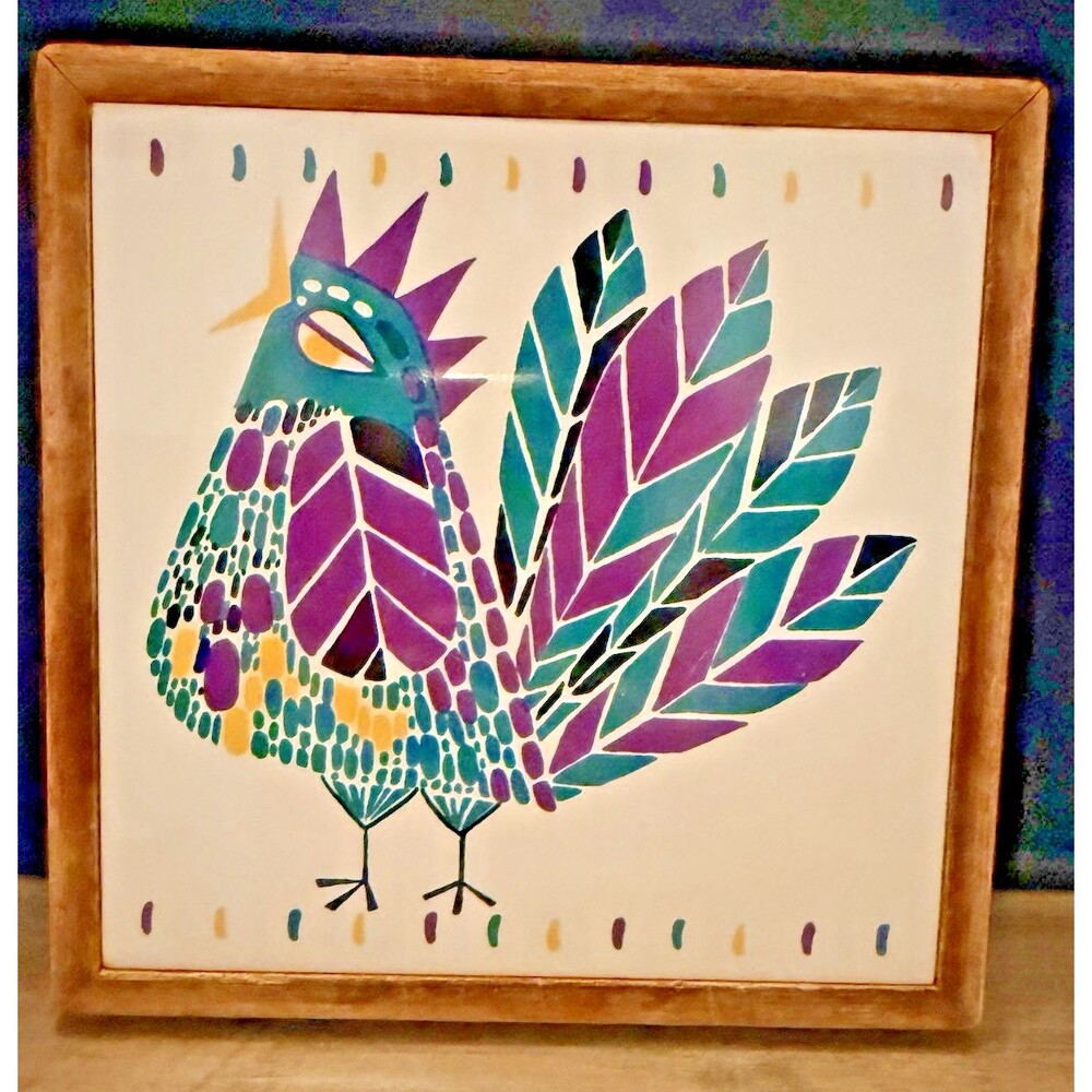 Vintage Denmark Rooster Tile Encased with Teak Wood Wall Hanging 1950